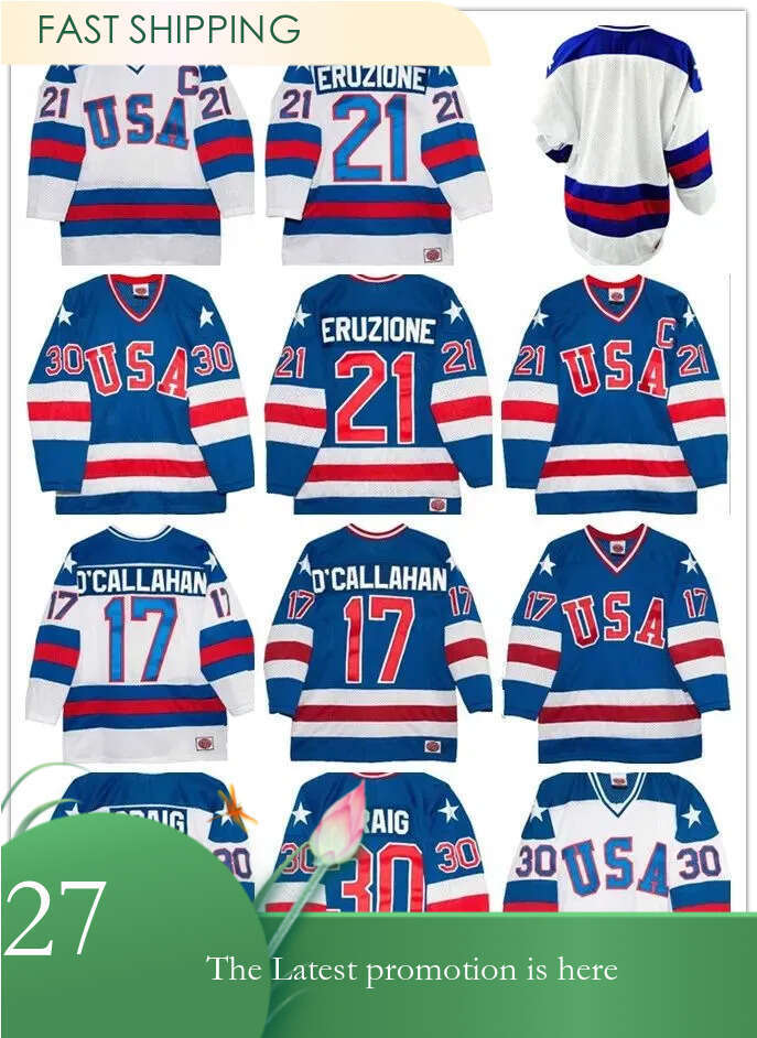 1980 USA Hockey Jersey - Jim Craig, Mike Eruzione, Jack O'Callahan, Miracle on Ice, Vintage White & Blue, S-3XL