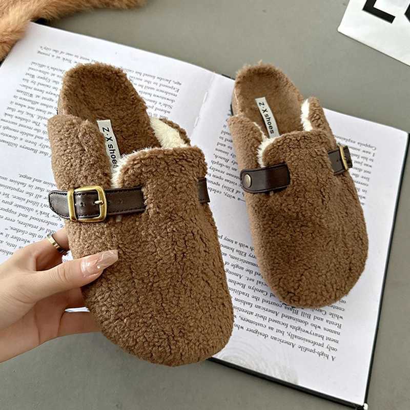 Luxury Designer Lambswool Winter Cotton Shoes Women Slippers Warm Plush Curly Sheep Fur Flats Buckle Belt Mules Mocasines Mujer Z250929