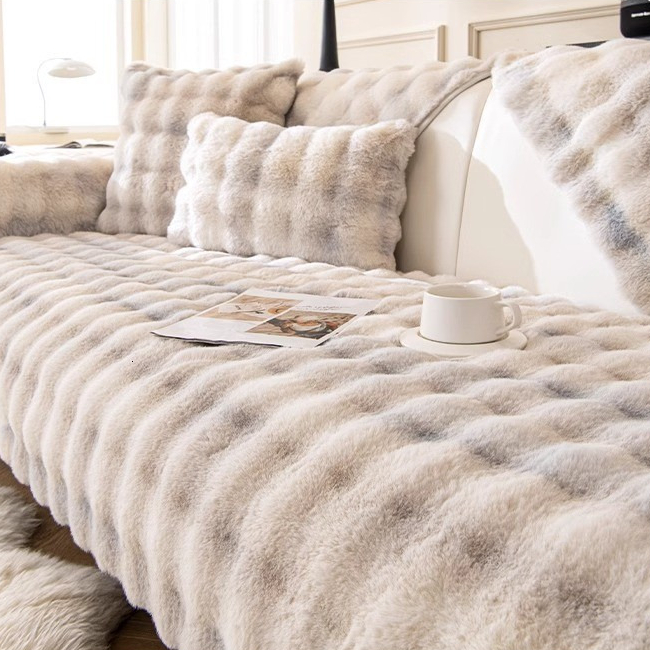 Camellia Rabbit Fur Gradient Color Covers For Sofa, aux Fur Cover, Luxury Soft Faux Fur Fleece Sofa Cover Cover,Non-Slip Cover Protector