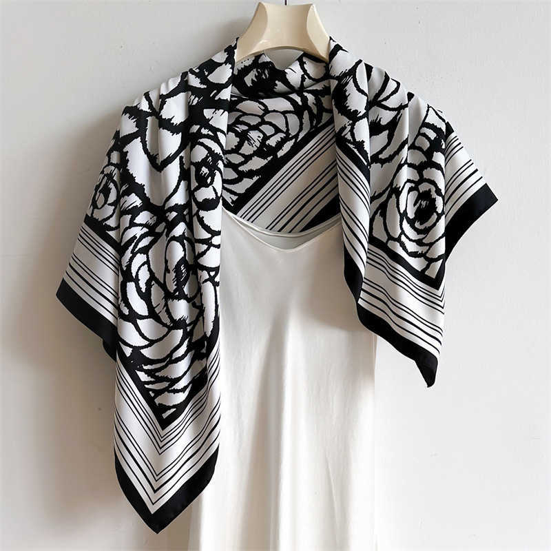 Scarf Simple Line Shawl Twill Silk Large Square Scarf 90cm Autumn Winter Travel Headscarf H250930