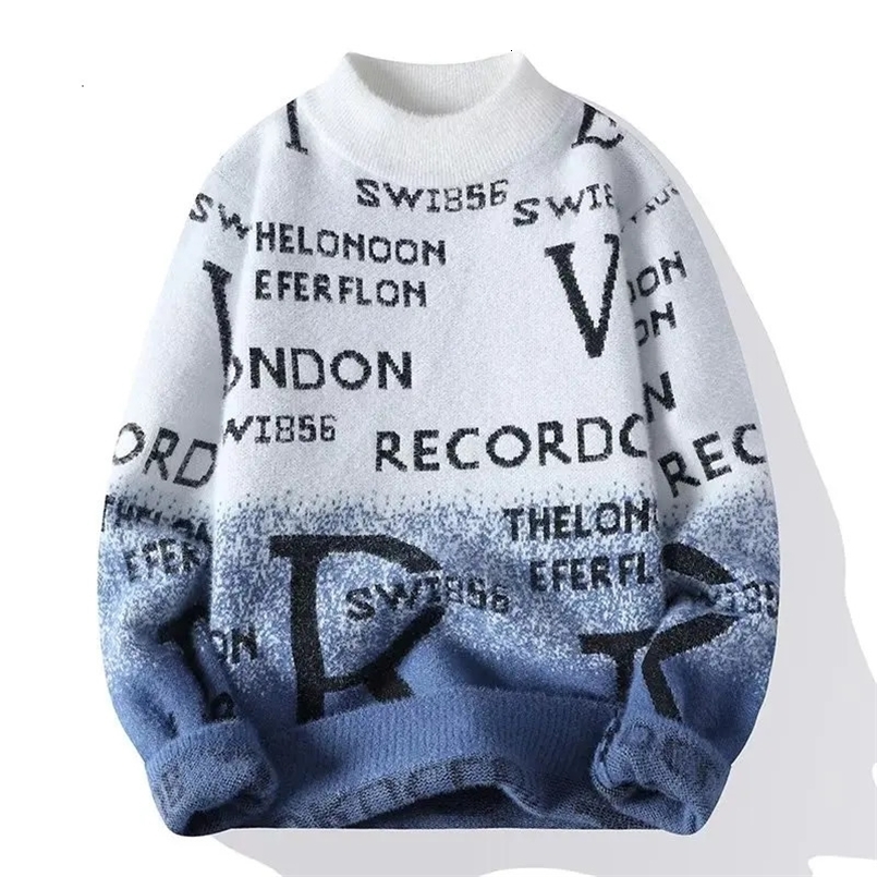 Winter Mens Plush Sweater Japan Warm O Neck Blue High Quality Letter Knitted Top Fashionable Clothing Para Homens 241031
