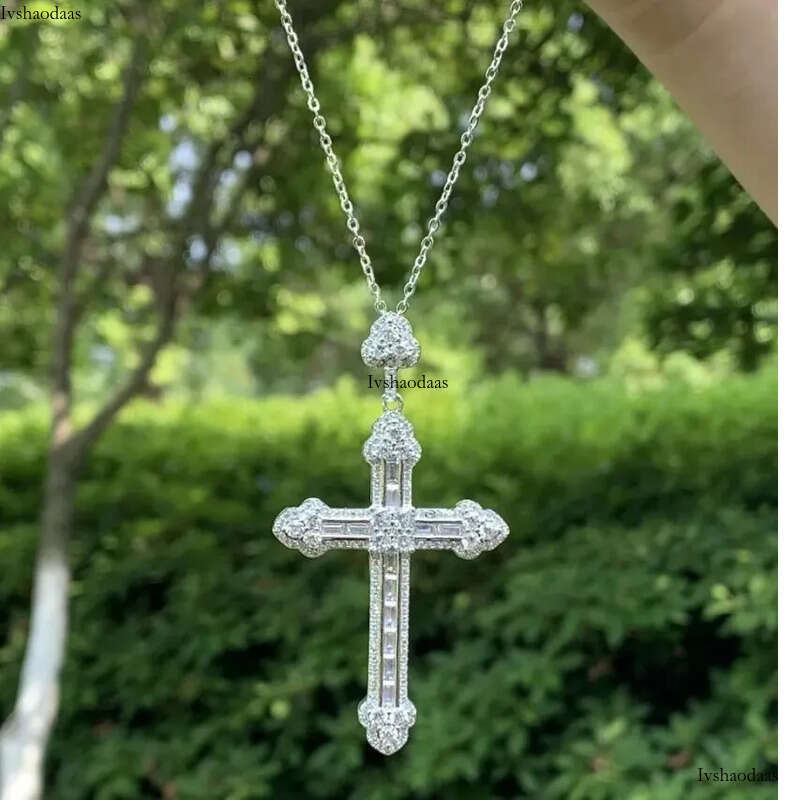 Rulalei Vintage Gorgeous Big 5A Cubic Zircon CZ Dia Sterling sier Cross Pendant Necklace for Women Men Party Wedding jewelry Gift