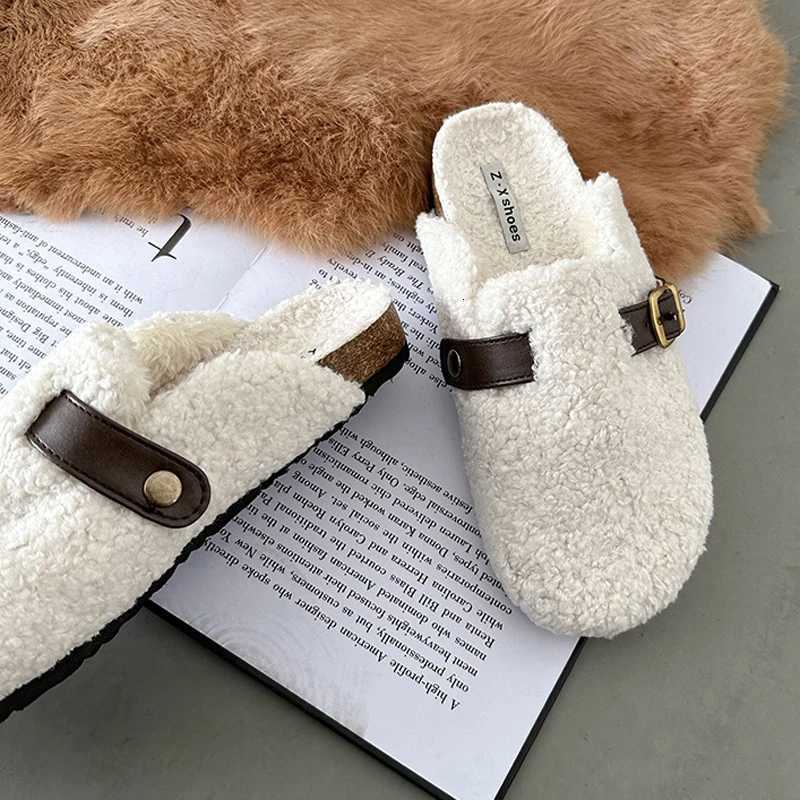 Luxury Designer Lambswool Winter Cotton Shoes Women Slippers Warm Plush Curly Sheep Fur Flats Buckle Belt Mules Mocasines Mujer Z250929