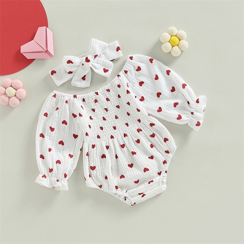 Rompers Lovely Autumn born Baby Girls Rompers Headband Clothes Outfits Princess Girls Heart Print Cotton Linen Jumpsuits Overalls 230425