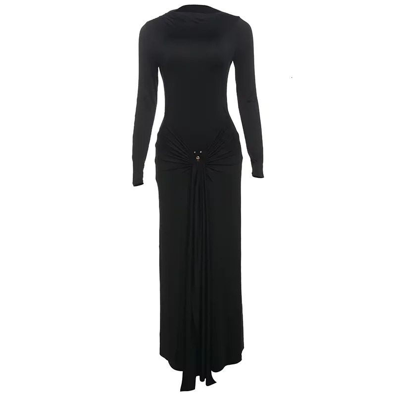 Sisterlinda Sequined Pleated Maxi Dress Classic Solid Full Sleeve Crew Neck Ribbons Sheath Long Robe Mujer Hipster Evening Wear 250922