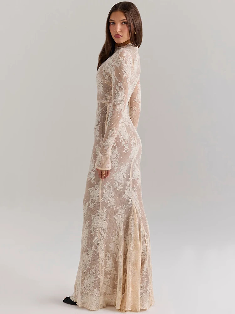 Mozision Lace Print Long Sleeve Sexy Maxi Dress For Women White Zipper Half High Collar Bodycon Fashion Elegant Long Dress 250929