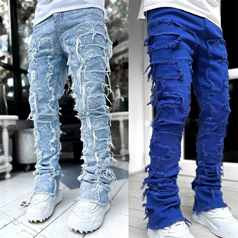High Street White Mens Stacked Jeans Stretched Patchwork Tassel Damaged Denim Full Length Pants Hippop Trousers For Male 240412