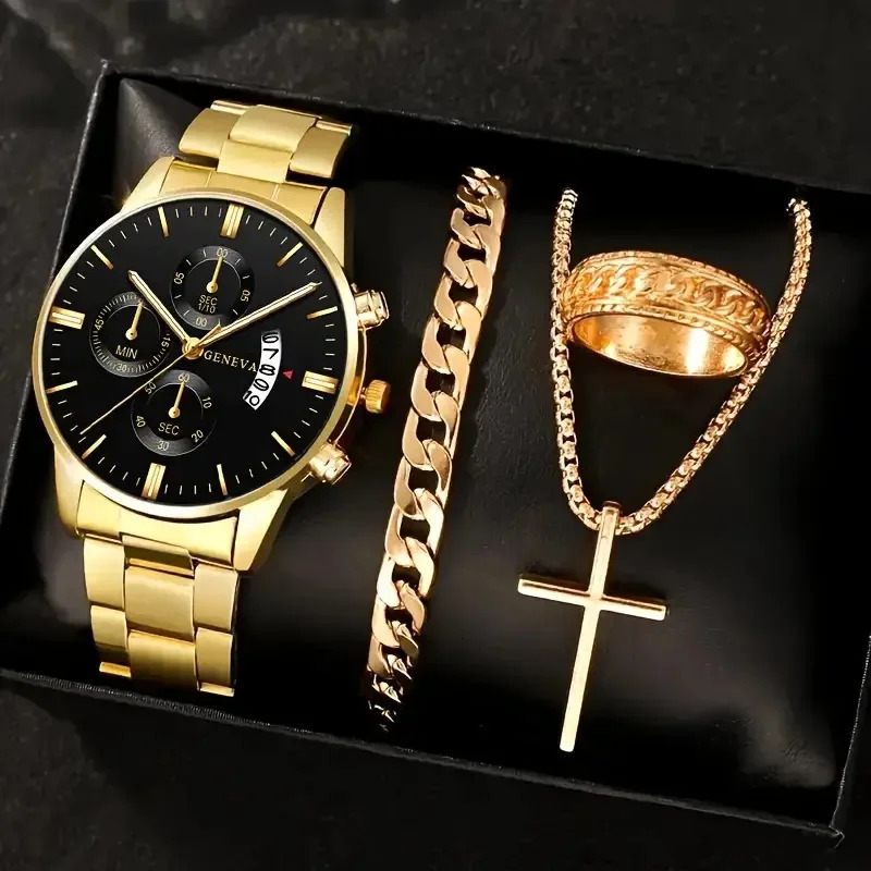 Men Business Quartz Watches 4pcs Set Gold Alloy Roman with Calendar Wrist Watch Cross Necklace Bracelet Ring Set Men Gift 250928
