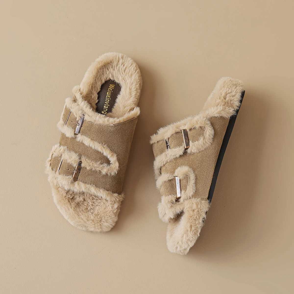 Hairy slippers for womens outdoor wear for autumn and winter 2024 new comfortable and casual retro lamb wool cotton slippers Z250929