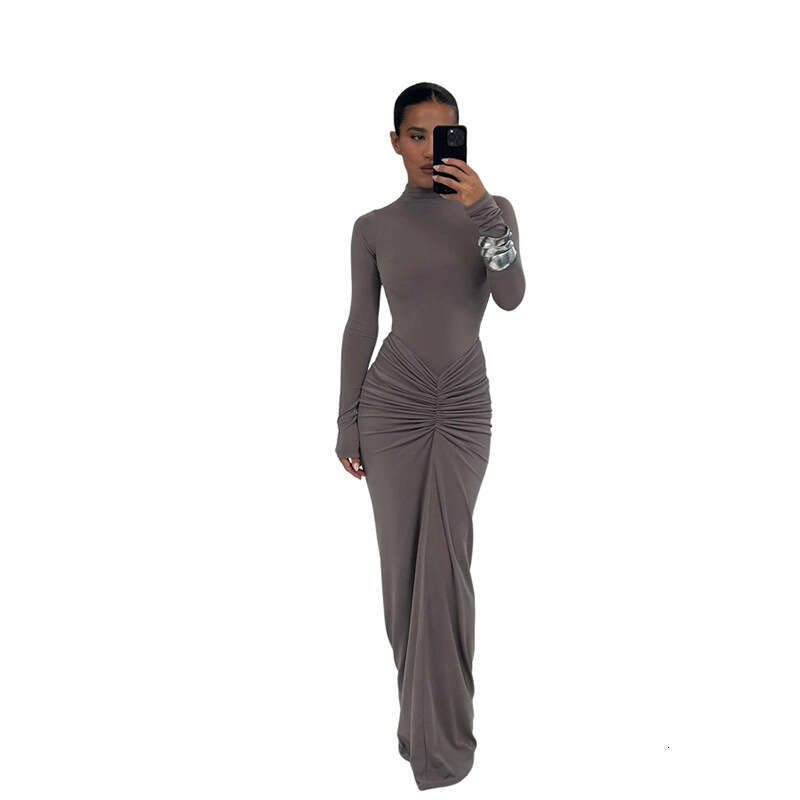 2025 Autumn Winter New Cross-Border European and American Foreign Trade Sexy Waist Slimming Solid Color Long Elegant Pleated Dress for Women