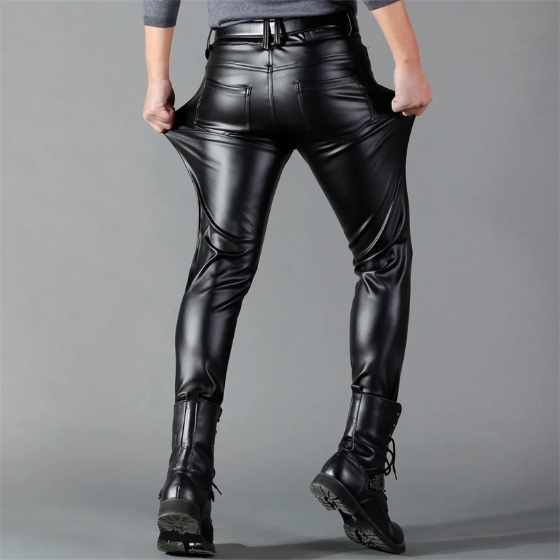 Mens leather pants slim fit elastic fashion PU cyclist nightclub party and dance thin 240913