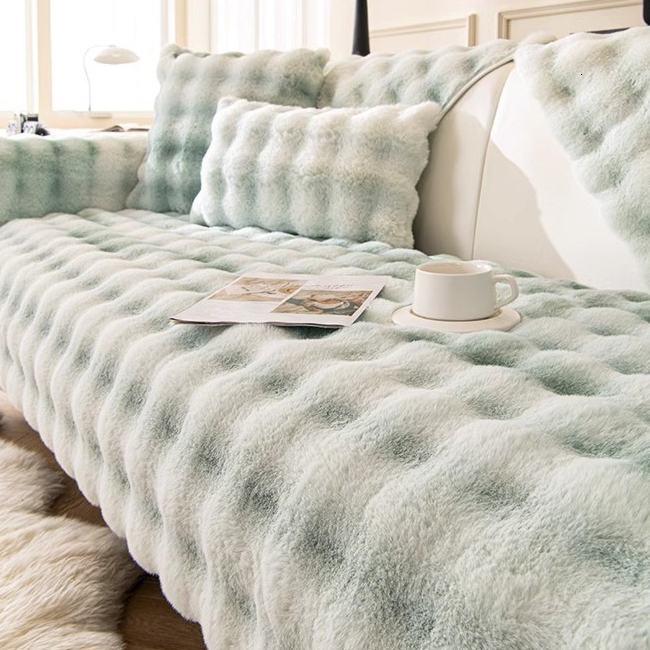 Camellia Rabbit Fur Gradient Color Covers For Sofa, aux Fur Cover, Luxury Soft Faux Fur Fleece Sofa Cover Cover,Non-Slip Cover Protector