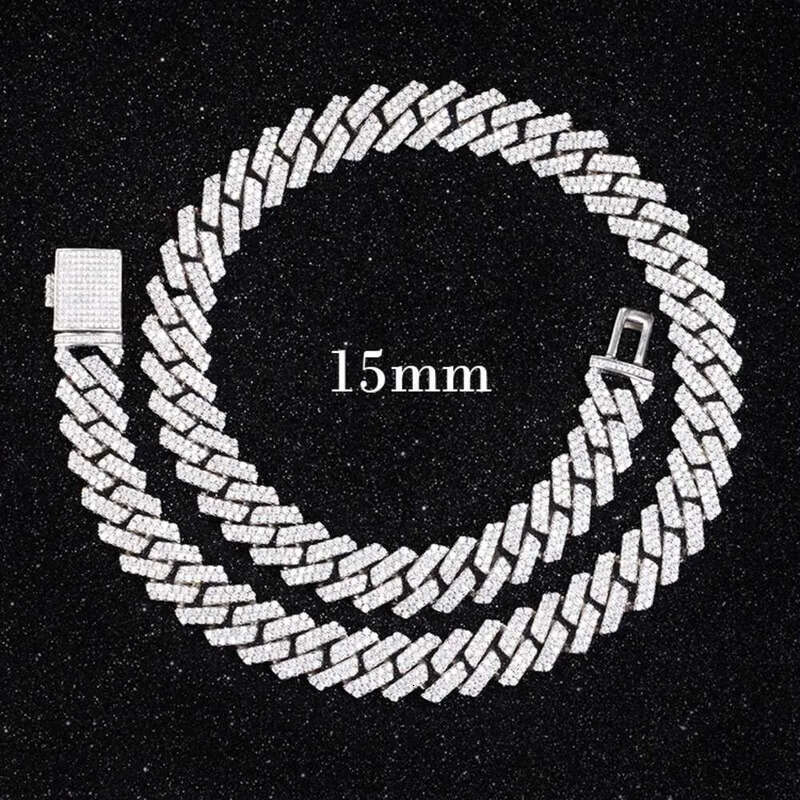 designer chain necklace hip hop jewelry 15mm wide 2rows link chains vvs moissanite white gold plated sterling sier cuban bracelets