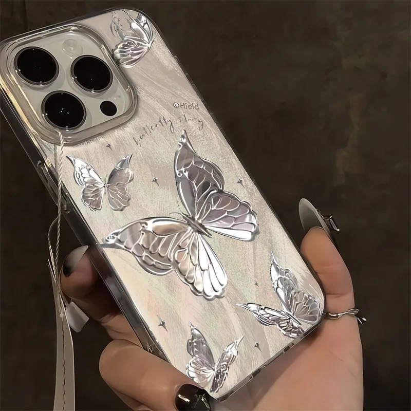 For Iphone 17 Pro Max Butterfly Design Case, Silver Foil Dream Butterfly Case,cute Bling Shiny Glitter Shockproof Protective Phone Cases Cover For Wom