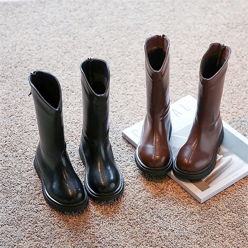 Boots Winter Boots for Girls Plush Warm Black Brown Mid-calf Children Long Boot Pu Leather Fashion 26-36 Round Toe Soft Kids Shoes 231026