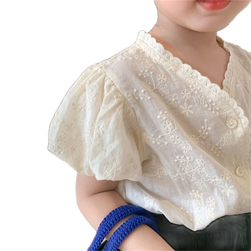 Girls' fresh and sweet lace puff sleeve shirt summer children's baby all-match short-sleeved doll P4545 210622