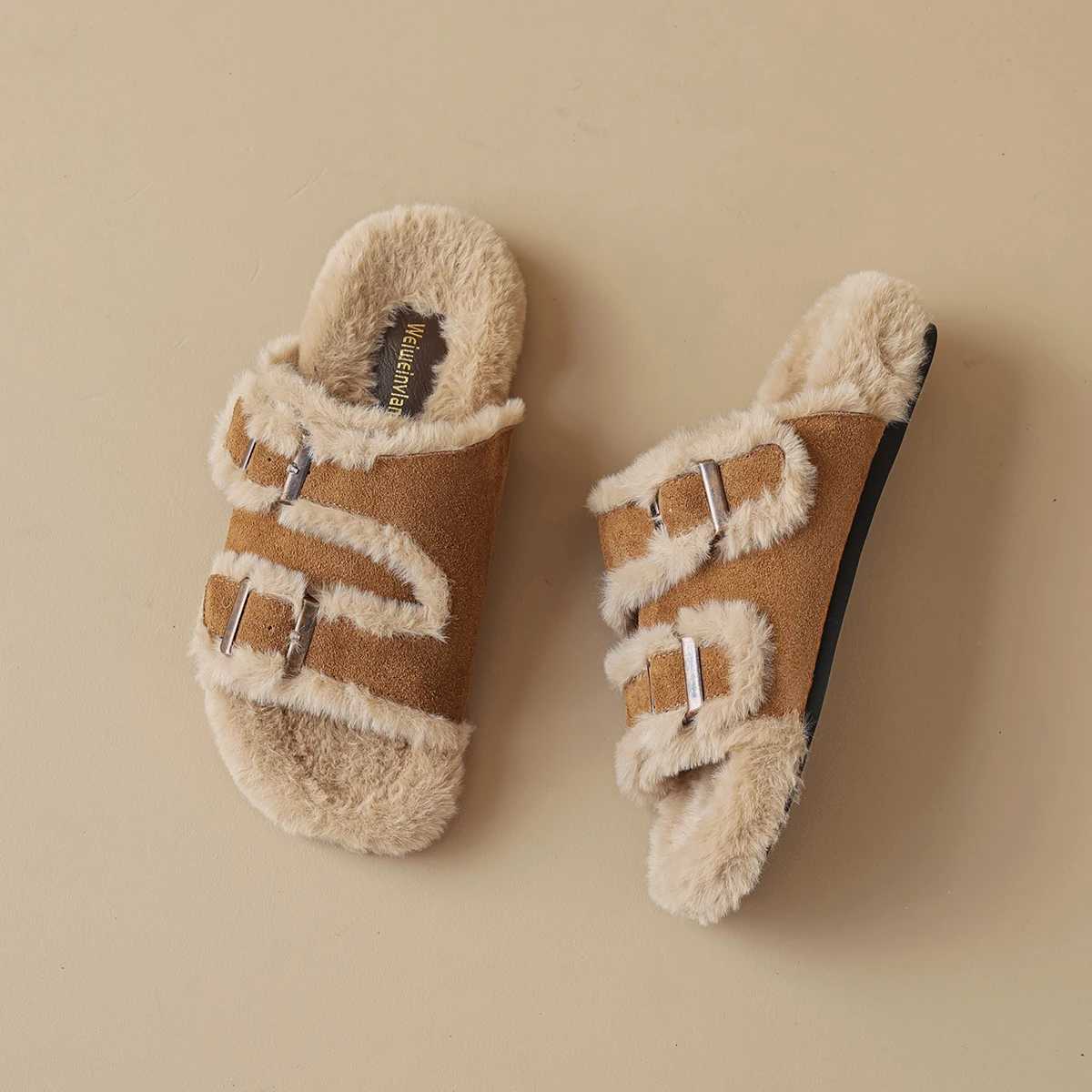 Hairy slippers for womens outdoor wear for autumn and winter 2024 new comfortable and casual retro lamb wool cotton slippers Z250929