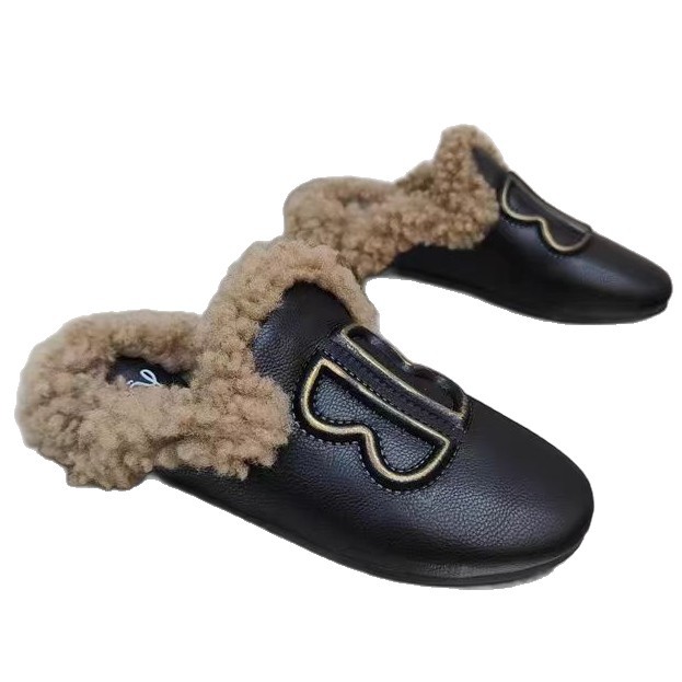 Designer shoes free shipping Soft leather lamb wool thick soled slippers for women fashionable casual shoes for outdoor wear black brown grey