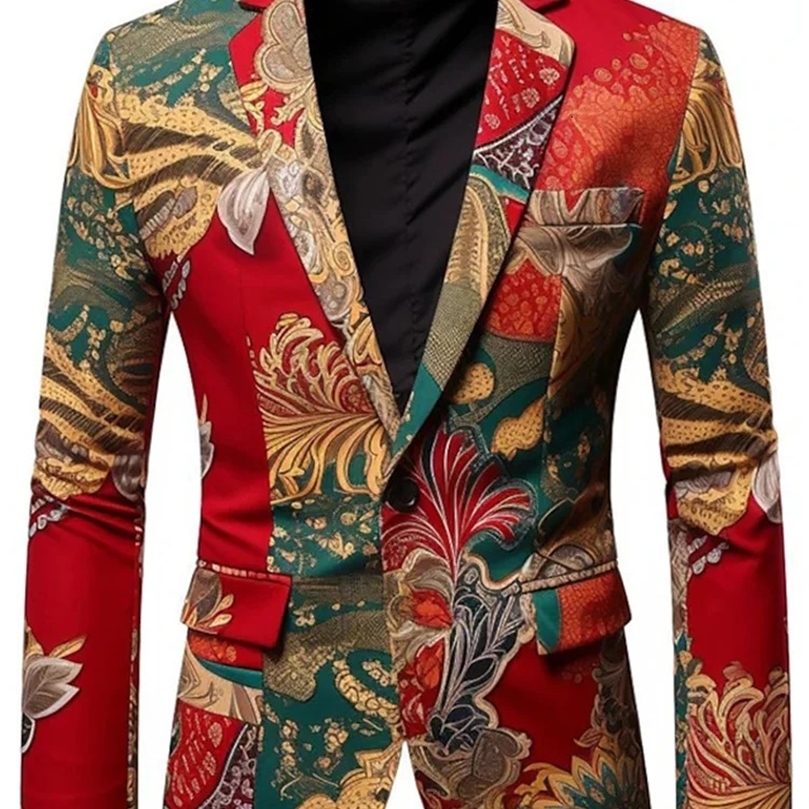 fashion red print mens suit 3D fashionable dress business casual flower jacket coat 240430