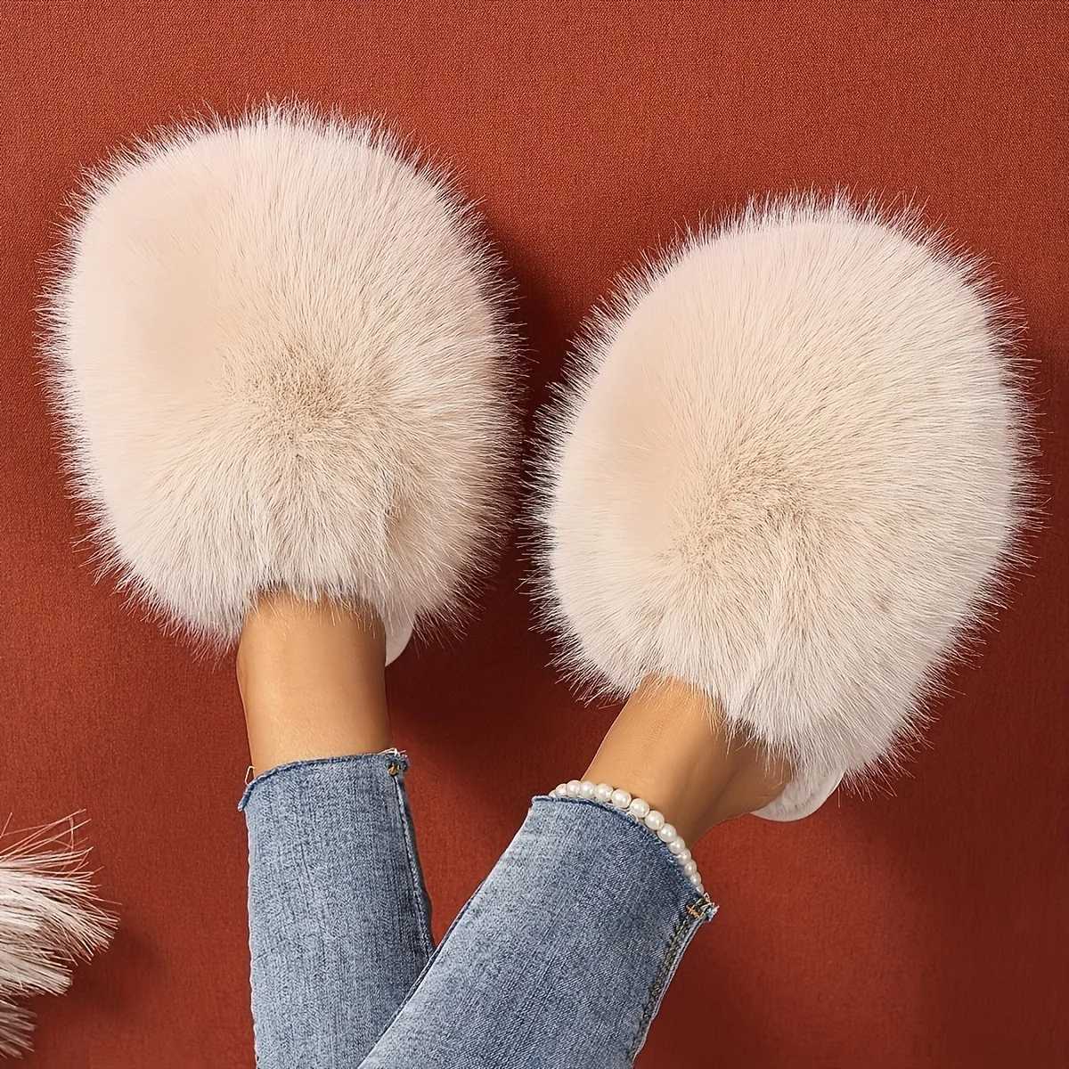 1 Pair Elegant Faux Fur Slippers for Women IndoorOutdoor House Shoes Korean Style Warm Flat NonSlip Rubber Sole Pure Color Z250929