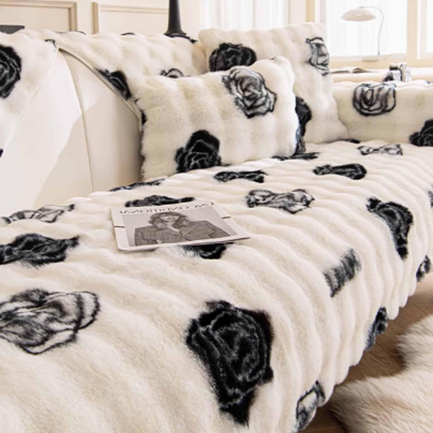 Camellia Rabbit Fur Gradient Color Covers For Sofa, aux Fur Cover, Luxury Soft Faux Fur Fleece Sofa Cover Cover,Non-Slip Cover Protector