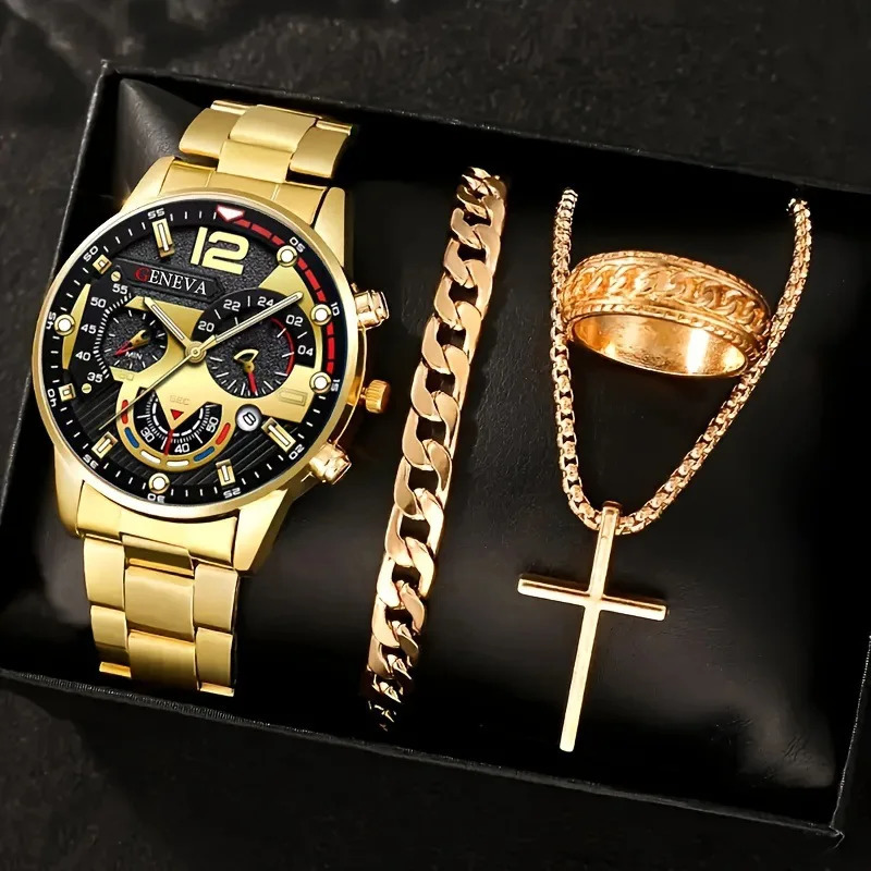 Men Business Quartz Watches 4pcs Set Gold Alloy Roman with Calendar Wrist Watch Cross Necklace Bracelet Ring Set Men Gift 250928