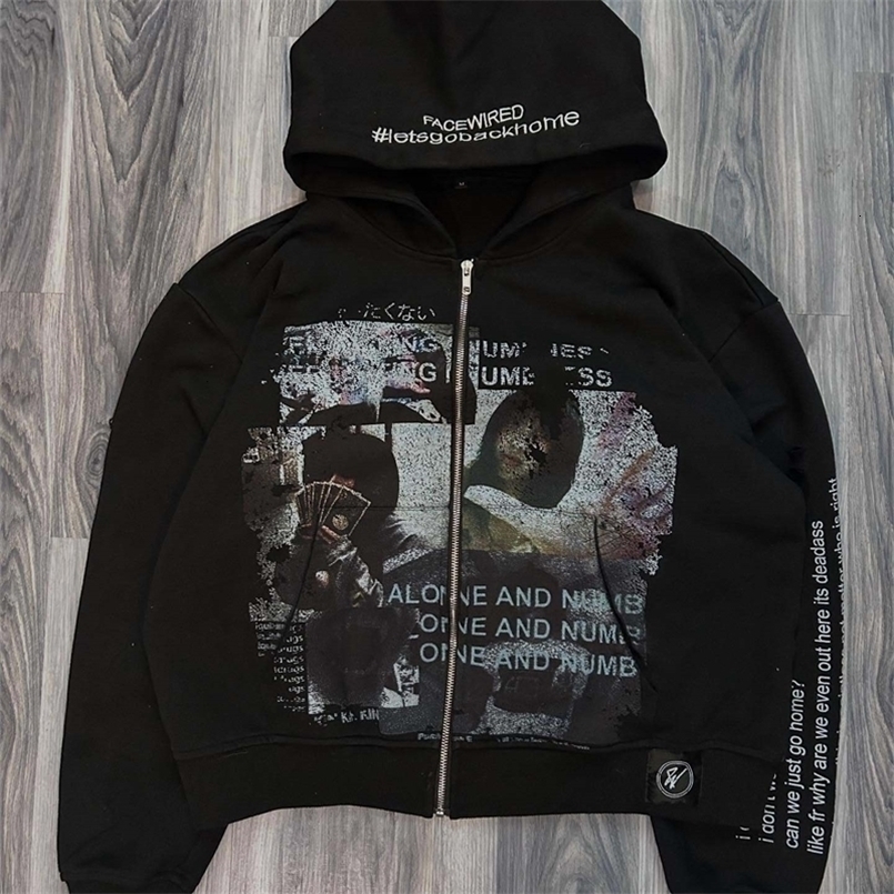 Harajuku Casual Letter Zip Oversized Hoodie Grunge Streetwear Gothic Sweatshirt Hoodies Women Tops Men Clothing Goth Y2k Clothes 250420