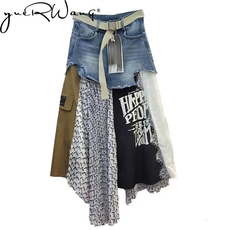 Getspring Women Skirt Long Patchwork Denim Stitching Irregular High Waist Loose Leisure Asymmetrical Pleated 240321