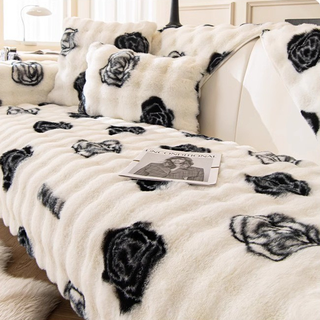 Camellia Rabbit Fur Gradient Color Covers For Sofa, aux Fur Cover, Luxury Soft Faux Fur Fleece Sofa Cover Cover,Non-Slip Cover Protector