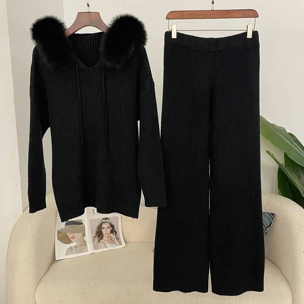 OFTBUY Women Knitwear Set Spring Autumn Real Fox Sweater Fashion Natural Fur Cuffs Long Pants Knitted Suit