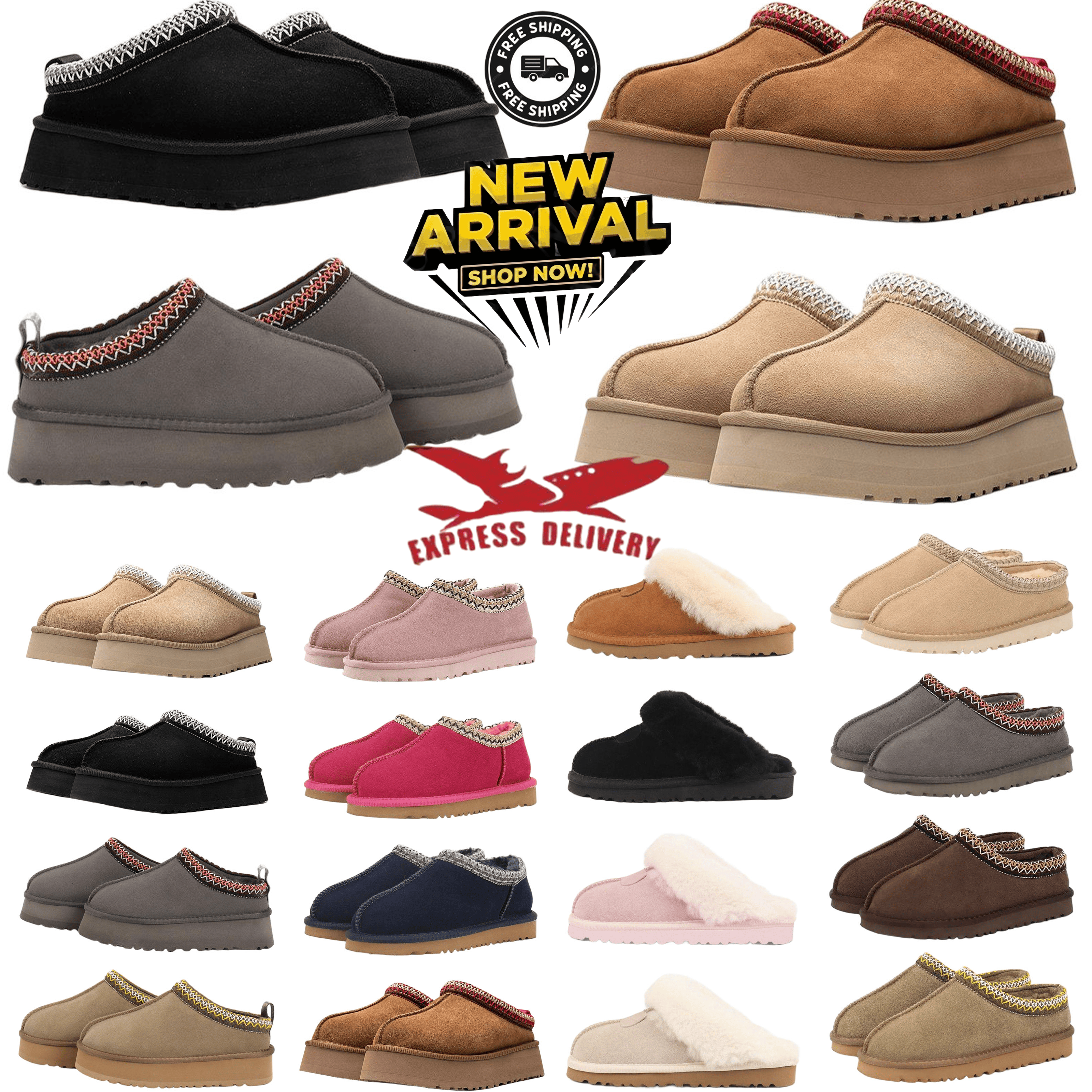 Free shipping designer New Tasman slippers platform thick-soled snow boots for men and women in black, pink, brown and grey for winter warmth