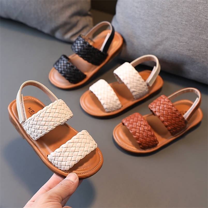 Sandals Summer Girl's Sandals Solid Color Sliders Braided Open Toe Children Flat Shoes Anti-slip Outdoor Sandals for Kid Comfy Shoes 230421