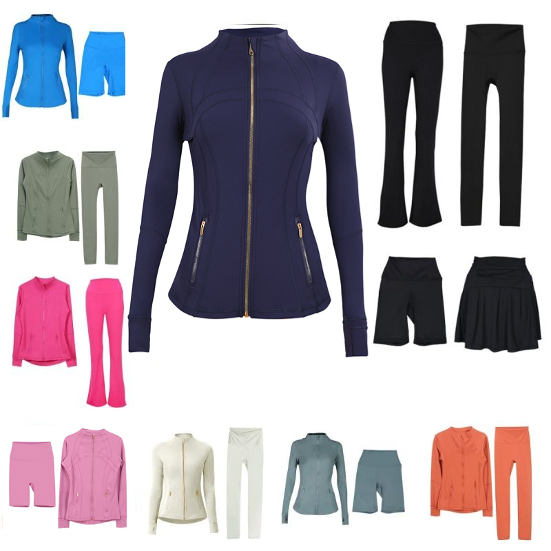 Workout Set Women Yoga Jacket Set Cropped Jacket Gold Zipper Womens Gym Ourtdoor Zip Up Sports Sweatshirt Slim Fit fitness Sets Outfits Pants Suits Tracksuits