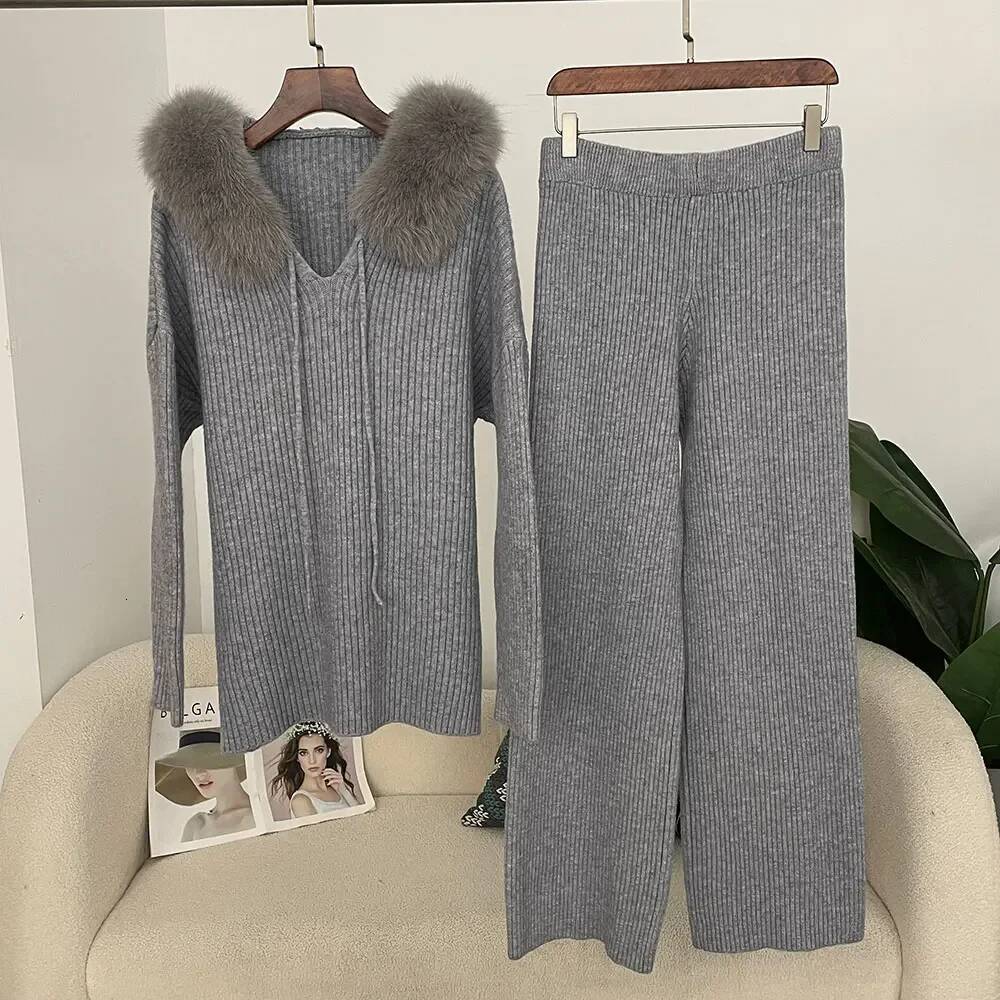 OFTBUY Women Knitwear Set Spring Autumn Real Fox Sweater Fashion Natural Fur Cuffs Long Pants Knitted Suit