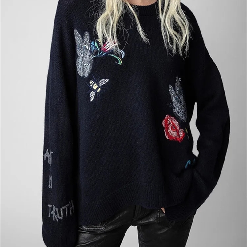 Cashmere Womens Round Neck Sweater Butterfly Flower Letter y Long Sleeve Ladies Jumper Autumn Winter 250121wtt