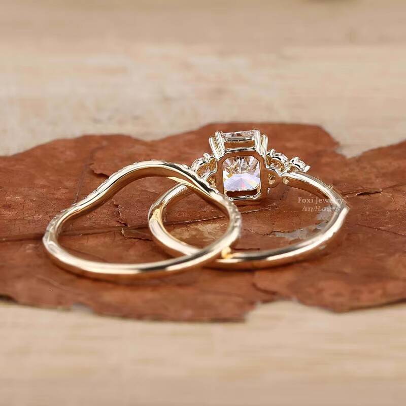 Hot Selling Solid 14K Gold Lab Diamond Women Rings 925 Silver Radiant Cut Five Stone Lab Grown Diamond Ring Bridal Wedding Set