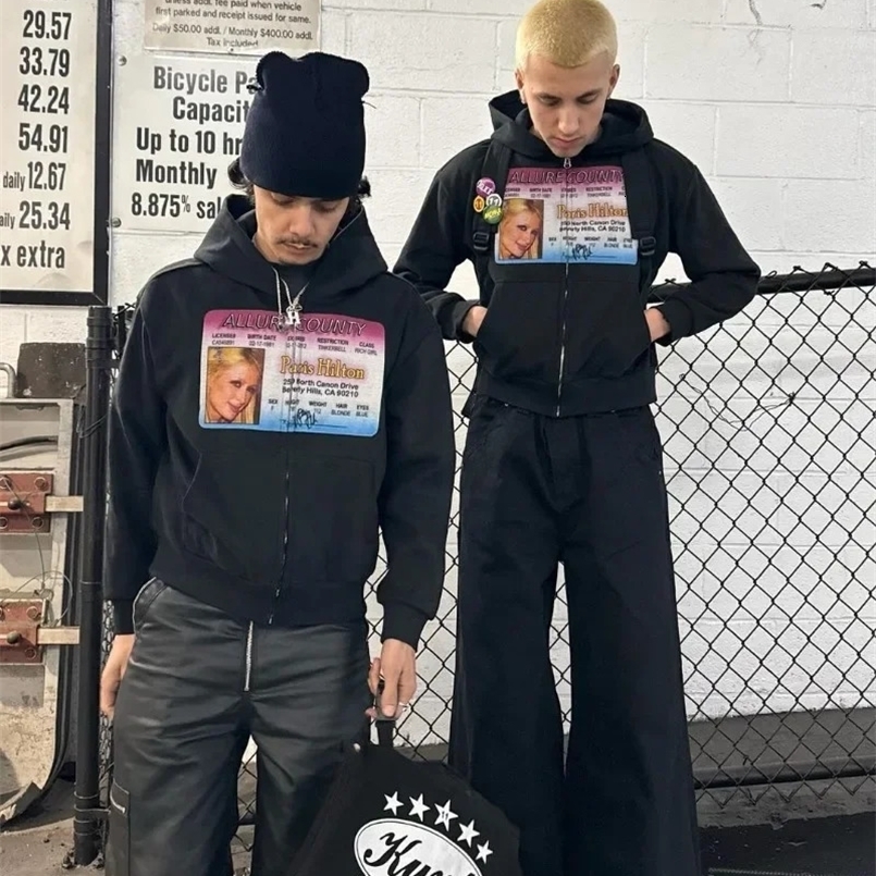 Vintage Zip Up Hoodie Y2K Harajuku Goth Pattern Print Sweatshirt Men Women Hip Hop Oversized Casual Streetwear 240722