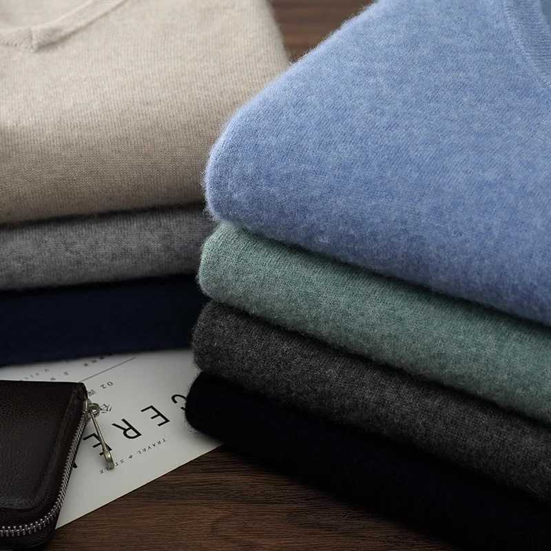AutumnWinter New Mens 100 Cashmere Pullover Business Casual Solid Knitted Sweater Loose Vneck Tops Basic Thick Warm JumperXJ250929