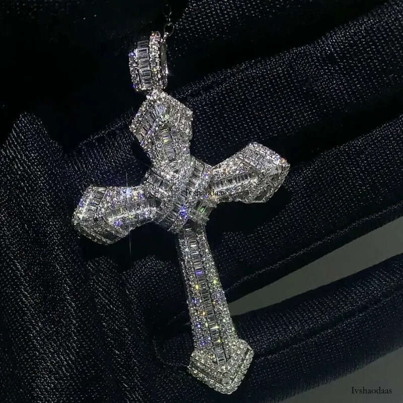 Rulalei Vintage Gorgeous Big 5A Cubic Zircon CZ Dia Sterling sier Cross Pendant Necklace for Women Men Party Wedding jewelry Gift