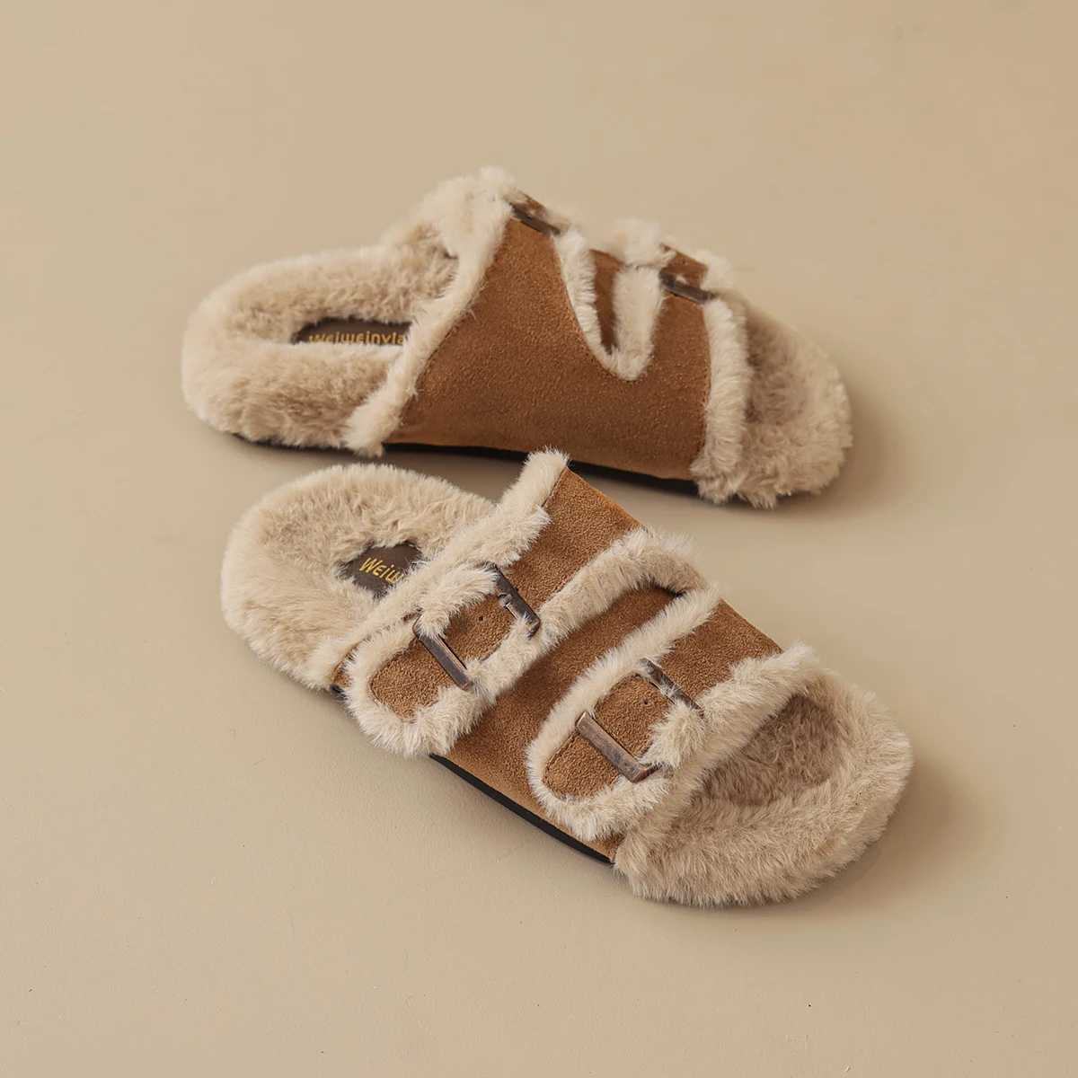 Hairy slippers for womens outdoor wear for autumn and winter 2024 new comfortable and casual retro lamb wool cotton slippers Z250929