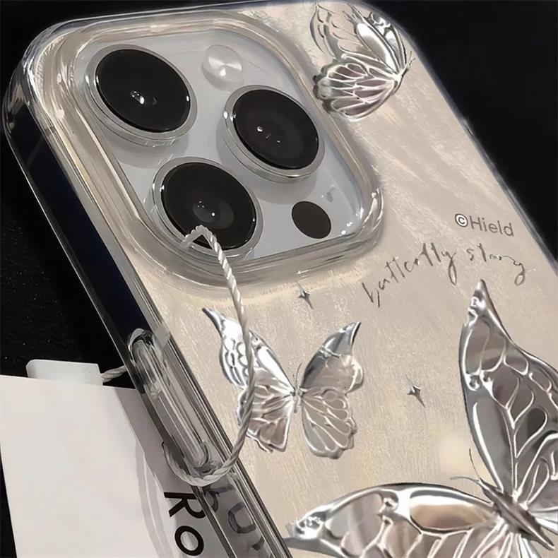 For Iphone 17 Pro Max Butterfly Design Case, Silver Foil Dream Butterfly Case,cute Bling Shiny Glitter Shockproof Protective Phone Cases Cover For Wom