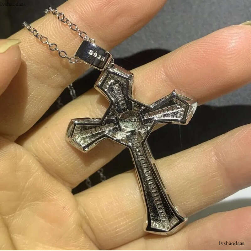 Rulalei Vintage Gorgeous Big 5A Cubic Zircon CZ Dia Sterling sier Cross Pendant Necklace for Women Men Party Wedding jewelry Gift