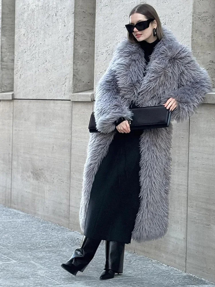 Winter Faux Fur Long Coat Women Vintage Full Sleeve Pocket Lapel Thicken Warm Outwear Female Fashion Urban Streetwear Lady 251029