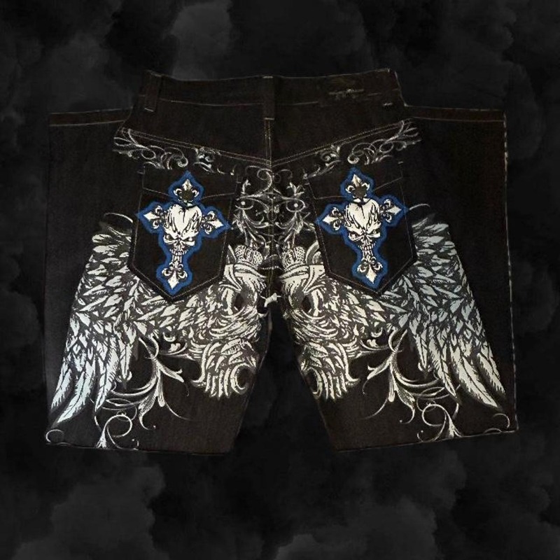 Men's Jeans American Retro Y2K High Waist Street Couple Casual Pants Gothic Embroidered Men Black Red Pattern Baggy - view 3