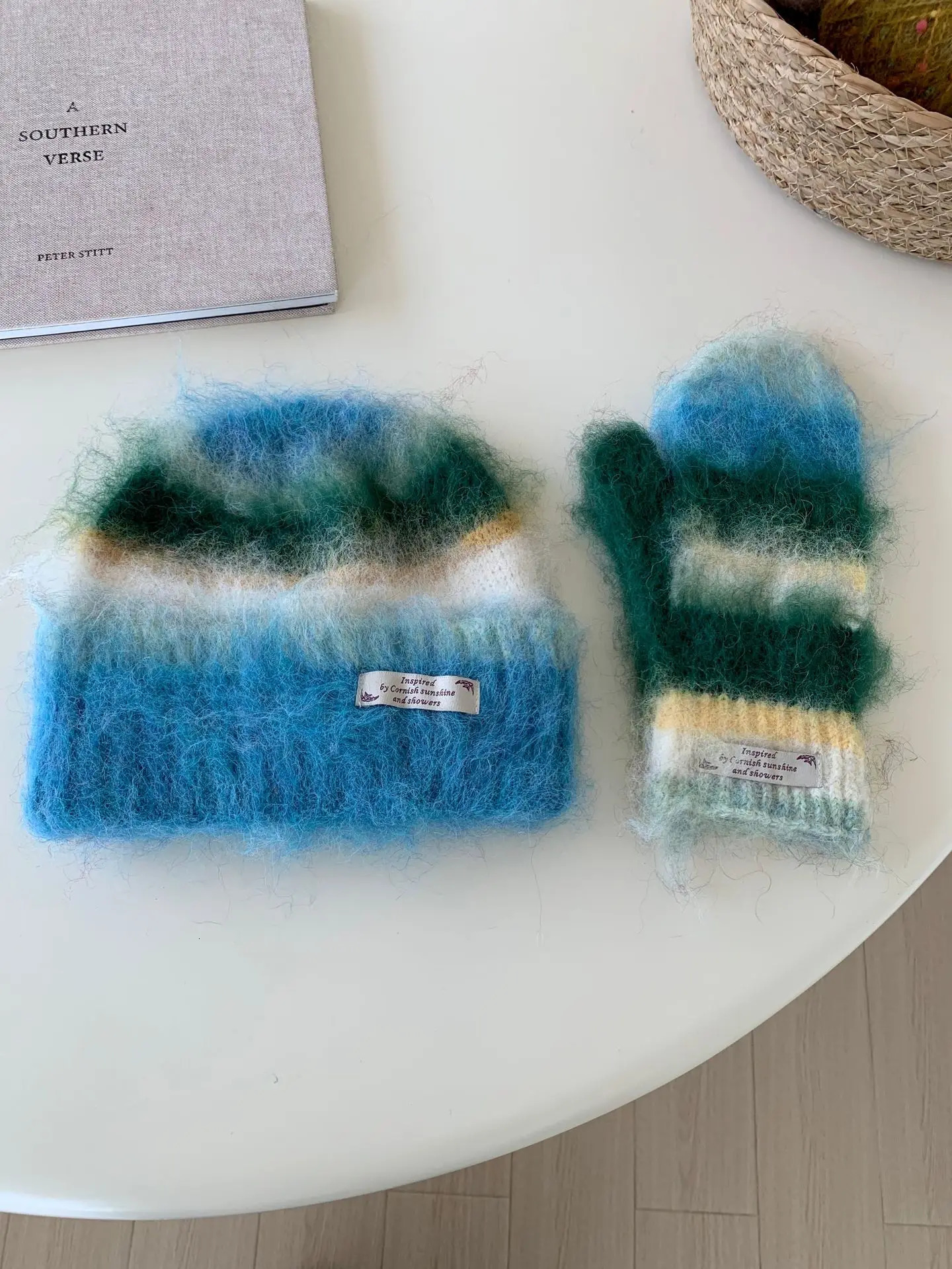 Korean Style Autumn and Winter Women Striped Fluffy Wool Beanie Cap Knitted Gloves Warm Suit Knitted Beanie 250930