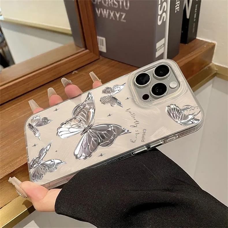 For Iphone 17 Pro Max Butterfly Design Case, Silver Foil Dream Butterfly Case,cute Bling Shiny Glitter Shockproof Protective Phone Cases Cover For Wom