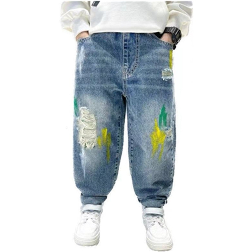 Jeans Boys' Jeans Spring and Autumn Children's Trousers Loose Fashion Painting Tear Hole Preschool Korean Children's Casual Jeans 4-13 