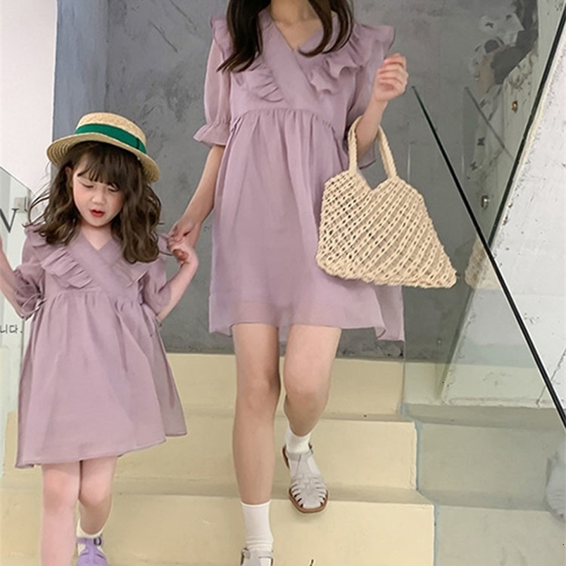 Family Matching Outfits Parent-child Dress Mother and Daughter Dress Summer Dress Girl's Dress Korean Style Lace Collar Cotton Princess Dress 230