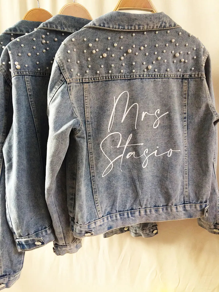 PERSONALIZED Statement Denim Bridal Jacket Custom Name Pearl Detailing MRS Date Placement On Collar Bride Gift y250929