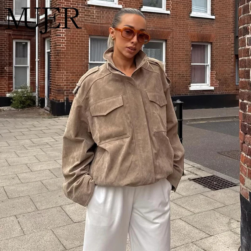 MUJER Suede Bomber Jacket Woman Oversized Demiseason Jackets for Women Outerwears Winter Overcoat Female Zip Womens 250922